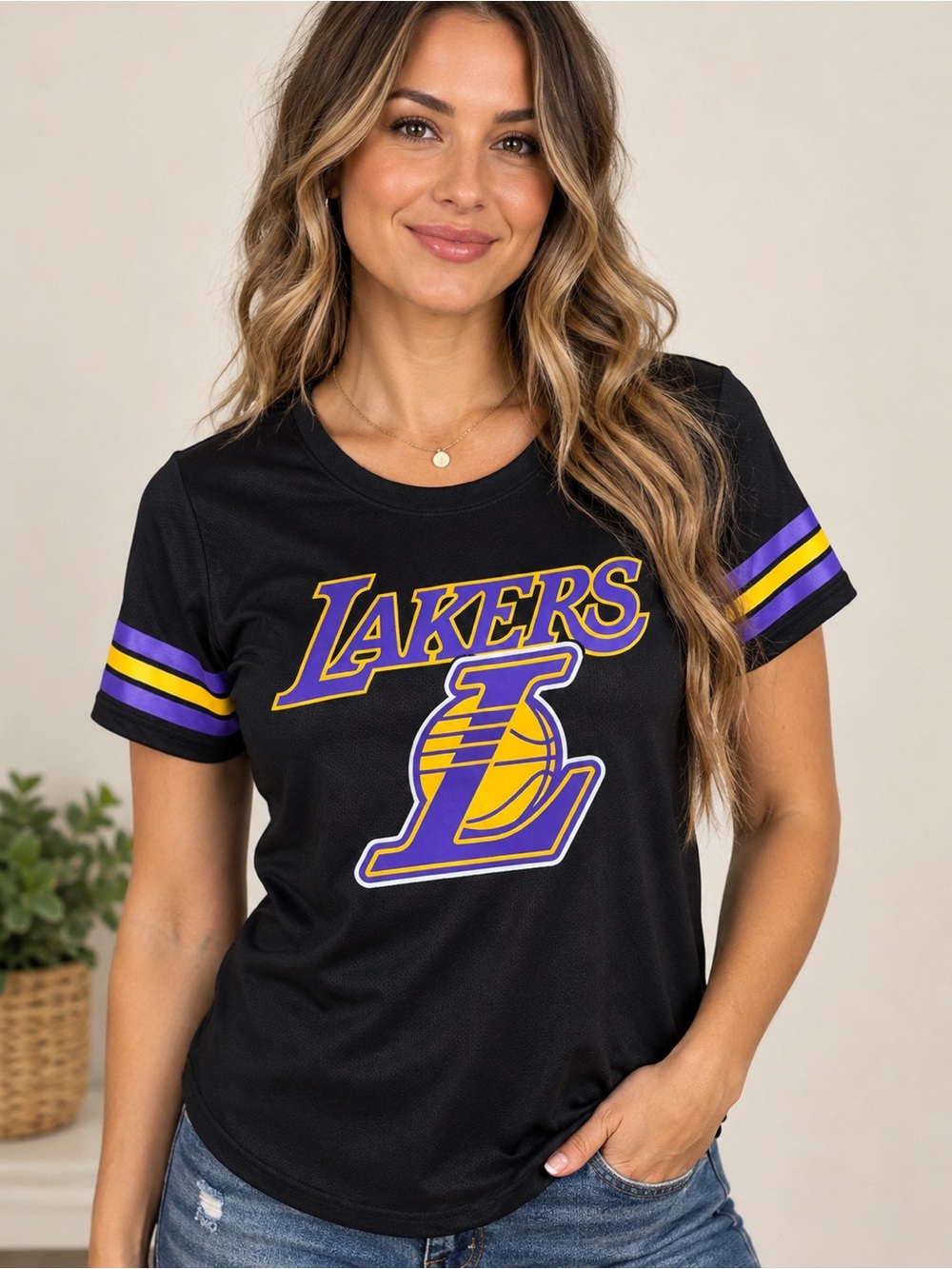 NBA Los Angeles Lakers Black Short Sleeve Women’s Tee with Purple & Gold Logo